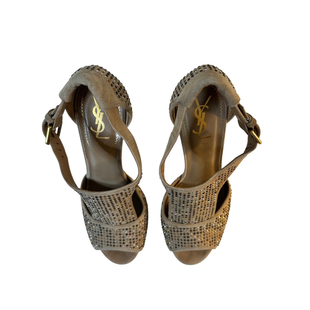 Yves Saint Laurent YSL Tribute Sandals Size 38.5 Beige Suede Studded Platform - Picture 15 of 15